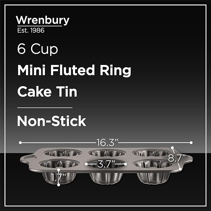 Wrenbury Set of 2 Nonstick Mini Buntz Cake Pan Non Stick for Baking - 6 Cup Bundlette Fluted Cake Tin for Small Cakes - PFOA Free and Dishwasher Safe - 3.75” Cup Width