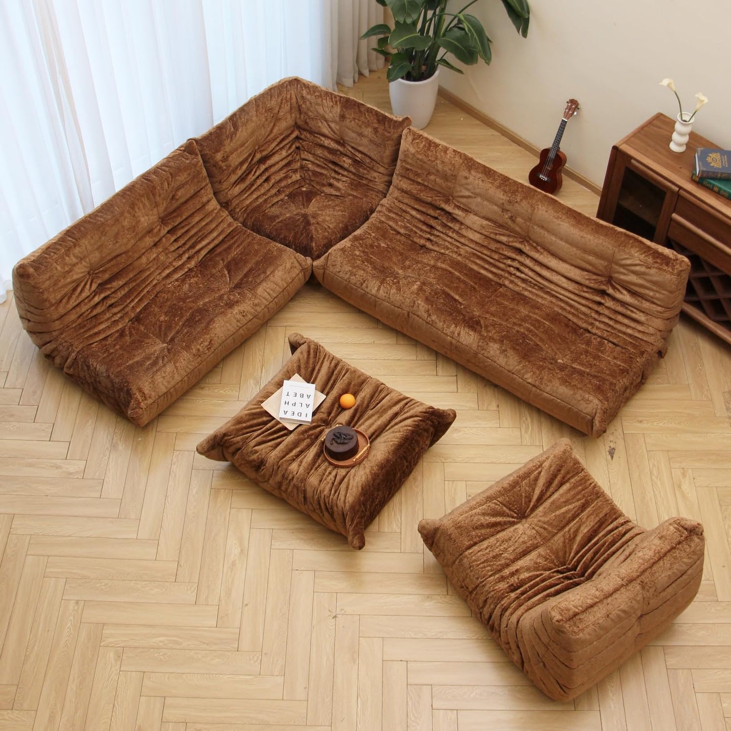 N&V Fireside Chair, Mid Century Armless Floor Sofa, Soft Premium Chenille Floor Lounge Chair, Foam Sofa Accent Chair for Living Room Bedroom and Office (Brown, Loveseat)