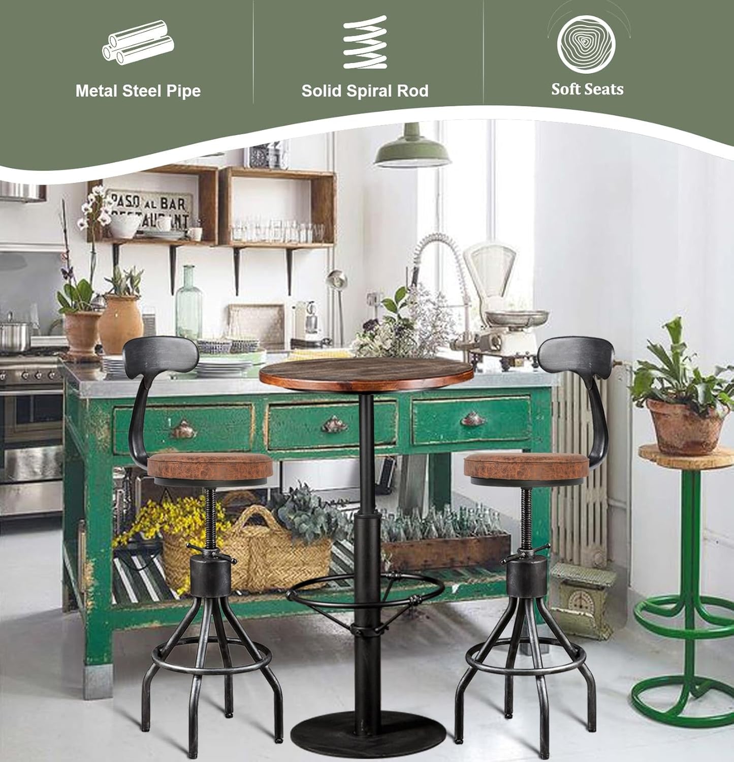 LOKKHAN Set of 2 Industrial Leather Bar Stools-Adjustable Swivel Metal Bar Stool-24-30 Tall Seat Height Counter Height to Bar Height-Kitchen Stool Dining Chair,Cafe Stools with with Backrest