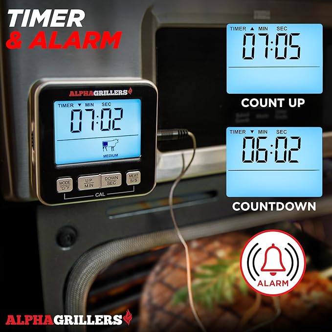 Alpha Grillers Oven Thermometer Probe - Turkey Thermometer Oven Safe Leave in Digital Meat Temperature Probe for Fryer - 7 Preset Temperature Alerts, Timer, & Alarm