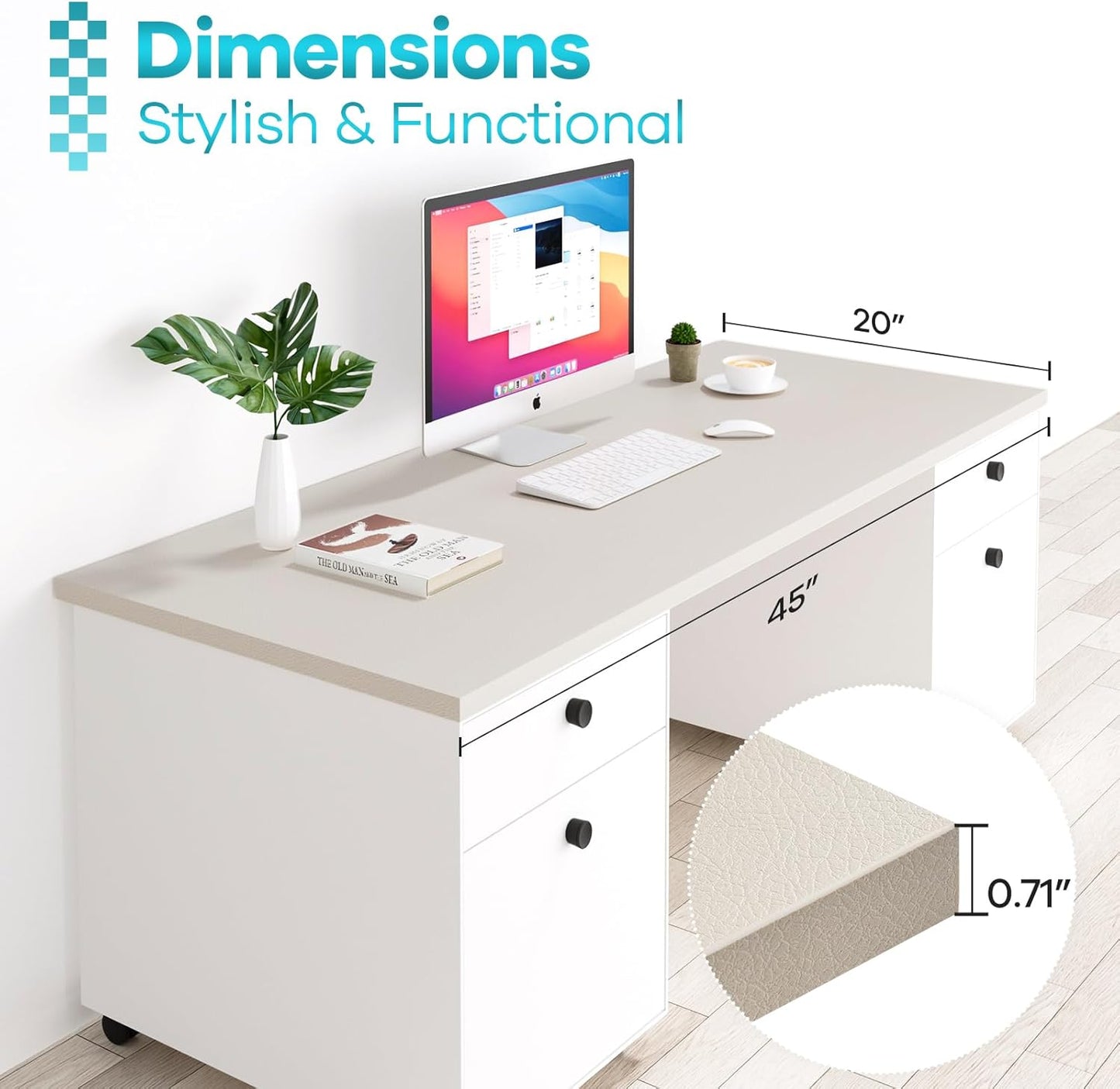 Kaboon Universal Tabletop 45"x20", Solid One-Piece Melamine Table Top, L-Desk Floating Desk DIY, Home and Office, Leather/Ivory