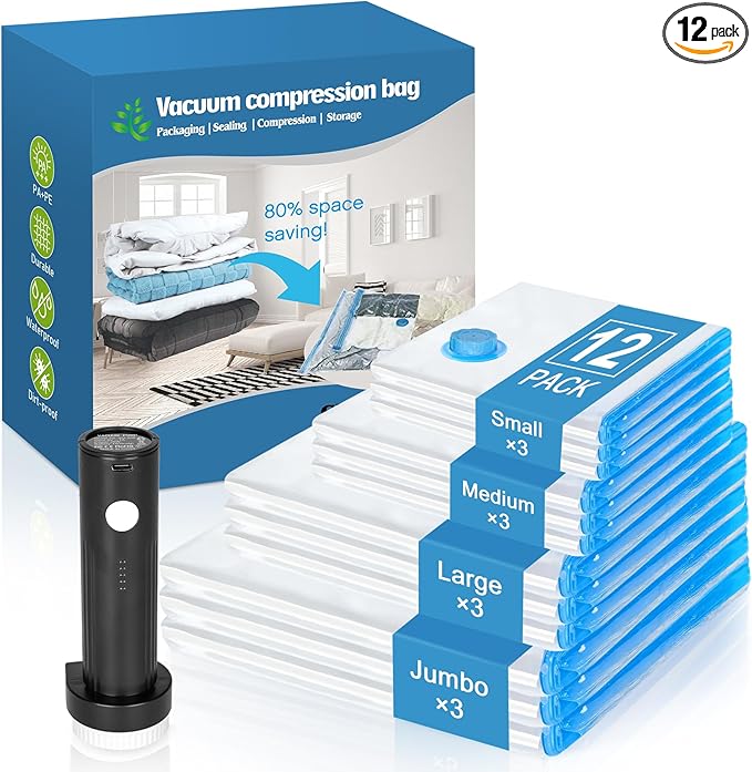 Vacuum Seal Bags for Clothing Travel with Rechargeable Air Pump, 12 Pack of 4 Carry-on Size Space Saver Vacuum Storage Bags, Compression Packing Bags for Luggage Suitcase for Closet Organization