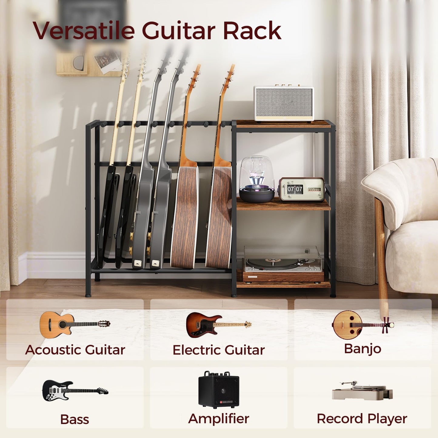 Mahancris Guitar Stand, Guitar Holder For 6 String Instruments, Suitable For Acoustic Guitar, Bass, Guitar Rack With Side Shelve