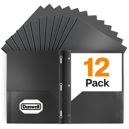 Dunwell Plastic Folders with 3 Prongs, (12 Pack, Black), 2-Pocket Folders with Fasteners, Durable Acid-Free Poly for Long Term Use, Includes Labels