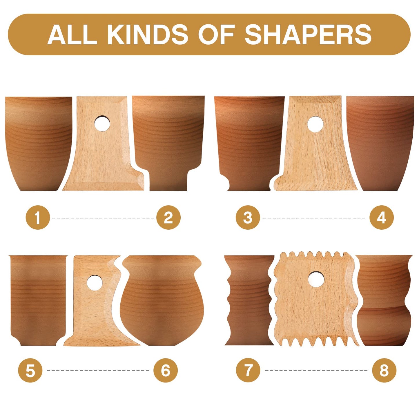 Amylove 7 Pcs Pottery Tools Pottery Foot Shaper Trimming Tools Profile Rib Bundle Foot Shaper for Ceramics for Carving Clay Molds Clay Texture Ribs Ceramics, Beech Wood (Stylish Style,Wood Color)
