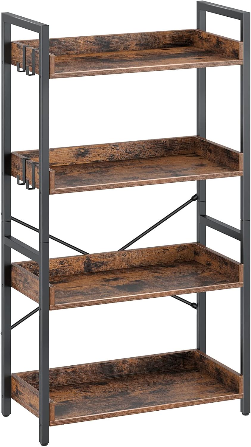 Rolanstar Bookshelf 4 Tier with 4 Hooks, Industrial Bookcase, Vintage Storage Rack with Open Shelves, Rustic Standing Bookshelves Metal Frame Display Rack for Living Room, Bedroom, Rustic Brown