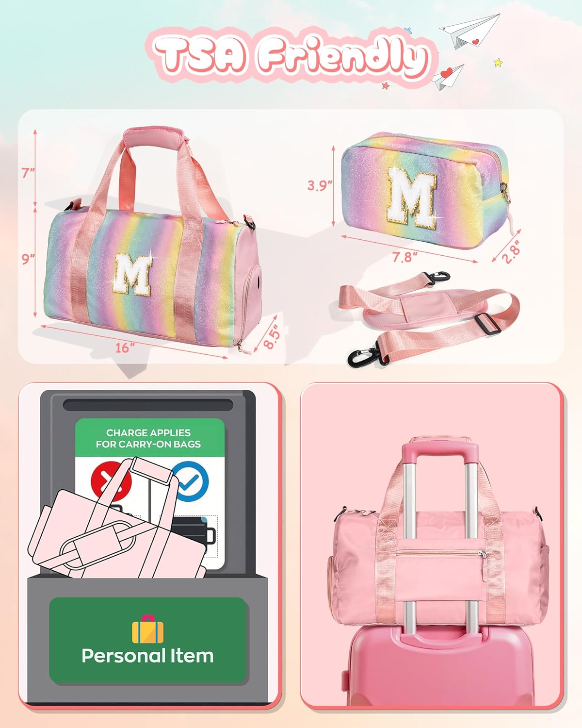 Girls Cheer Up Gifts-Girl Gym Bag with Shoe Compartment, Kid Personalized Weekender Dance Bags, Initial Travel Tote with Makeup Pouch, Graduation Gift for Niece Kids Daughter (Letter K)