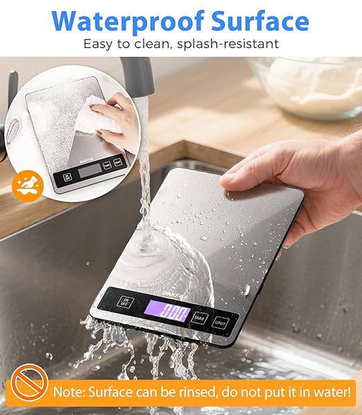 Food Scale - 15kg/33lb Rechargeable Digital Kitchen Scale with Full-View LCD Display, Grams and Ounces, Type-C or Batteries (Not Inc.), Easy Clean Stainless Steel, for Baking, Cooking, Black