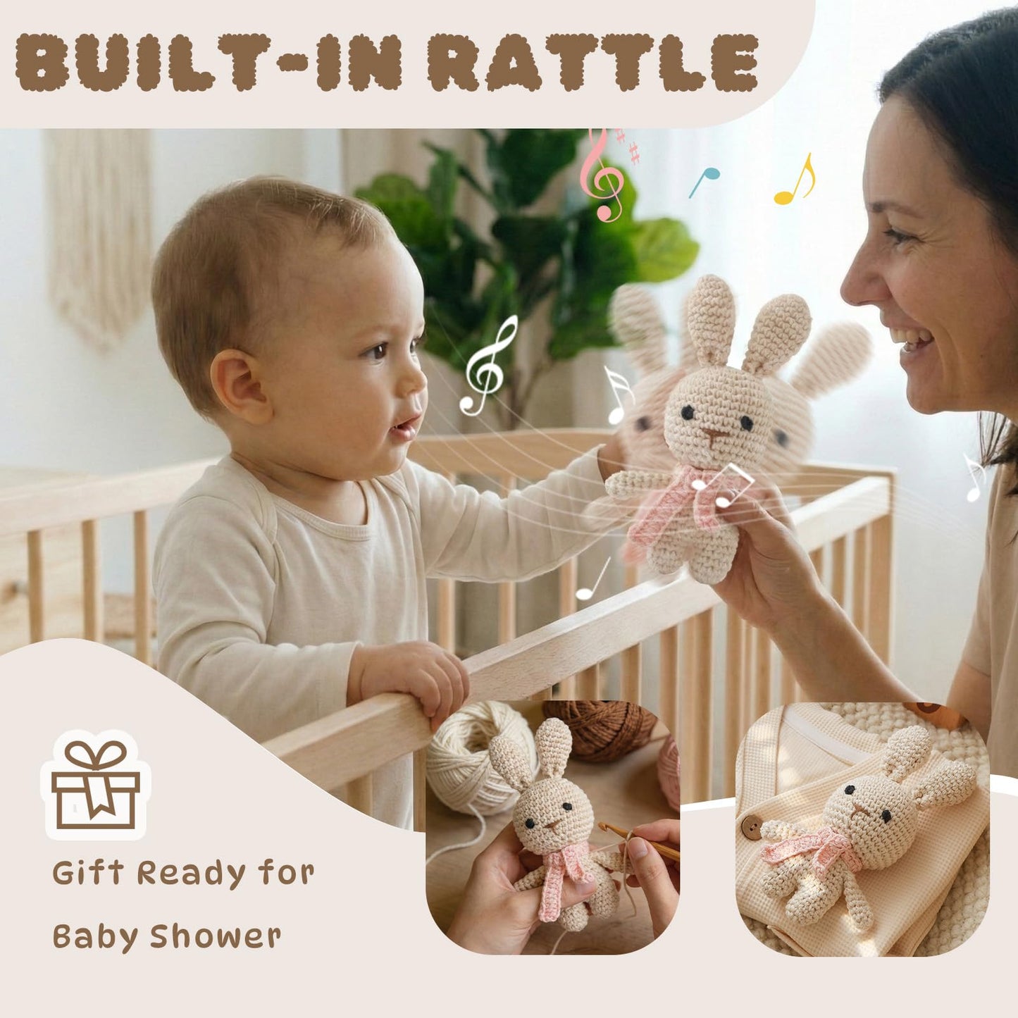 Moyii Handmade Crochet Bunny Baby Rattle - Soft Cotton Amigurumi Sensory Shaker Toy for Newborns & Infants - Easy Grip Lovey Sleep Toy & Neutral Nursery Decor Shower Gift