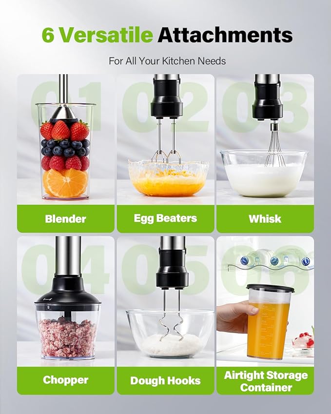 6-in-1 Immersion Blender, 1000W Hand Blender with 20 Speeds, Scratch-Resistant Stick Mixer with Whisk, Chopper, Beaker, Egg Beaters & Dough Hooks – Heavy Duty Hand Mixer, Black