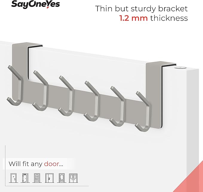 Brushed Nickel Over The Door Hooks – Heavy Duty Stainless Steel Door Hanger with 6 Double Hooks for Hanging Towels, Coats, Robes, Hats, Bags – No Drill Over Door Towel Rack for Bathroom & Bedroom