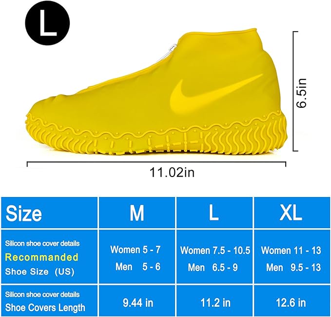 Waterproof Shoe Covers, Silicone Reusable Shoe Cover Non-slip Durable Zipper Elastic Rain Cover Protection for Men Women (L (Women 7.5-10.5, Men 6.5-9), Yellow)