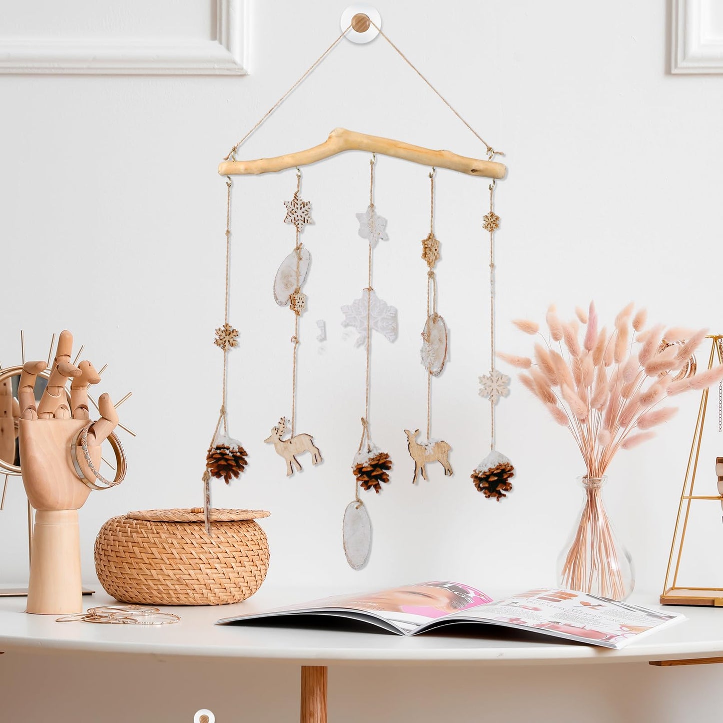 Chunful 4 Pcs 15 Inch Driftwood Wall Hanging Jewelry Hanger Rustic Wood Logs Hanging Branch Decor with 5 Hooks Natural Driftwood Decorative Branches Farmhouse Wooden Hook Mounted