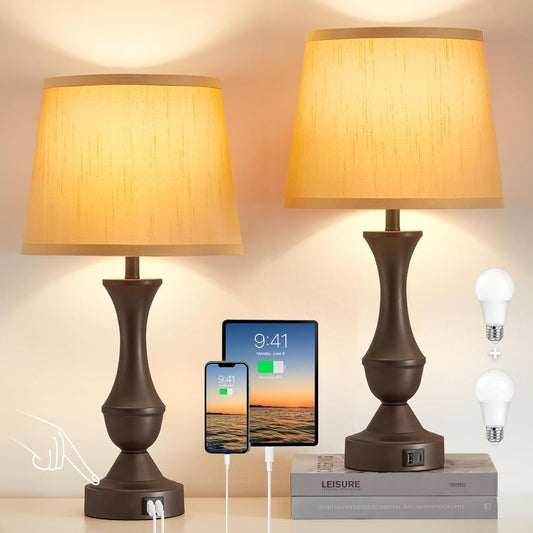 Luvkczc 22" Table Lamp Set of 2 - Farmhouse Vintage Brown Bedside Lamp with Brown Fabric Shade, 3-Way Dimmable, USB C+A Ports, Nightstand Lamp for Living Room Bedroom (Bulb Included)