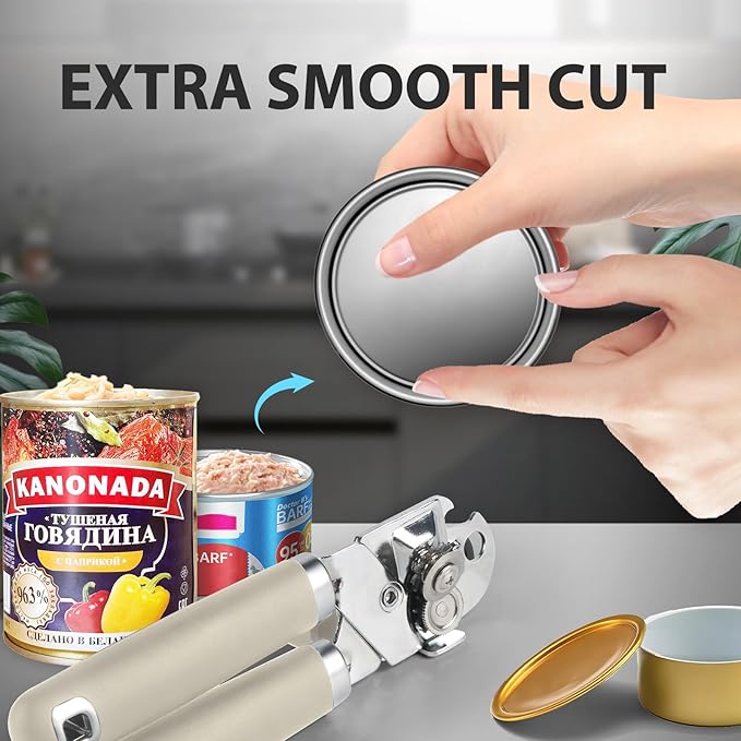 Can Opener Manual, Heavy Duty Handheld Strong Can Opener with Soft Touch Handle, Sharp Blade Smooth Edge, Can Openers with Multifunctional Bottle Opener, Beige