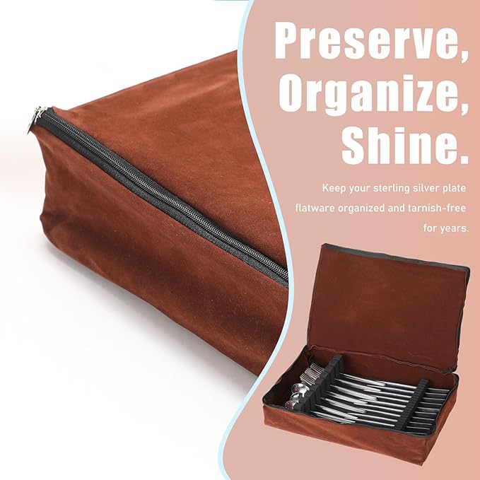 Zippered Flatware Storage Drawer Liner Silverware Storage Bag Tarnish Preventative Silver Organizer Cutlery Case Container Box Large Capacity Silverware Chest 15.75" x 11.02" x 3.94" (Brown)