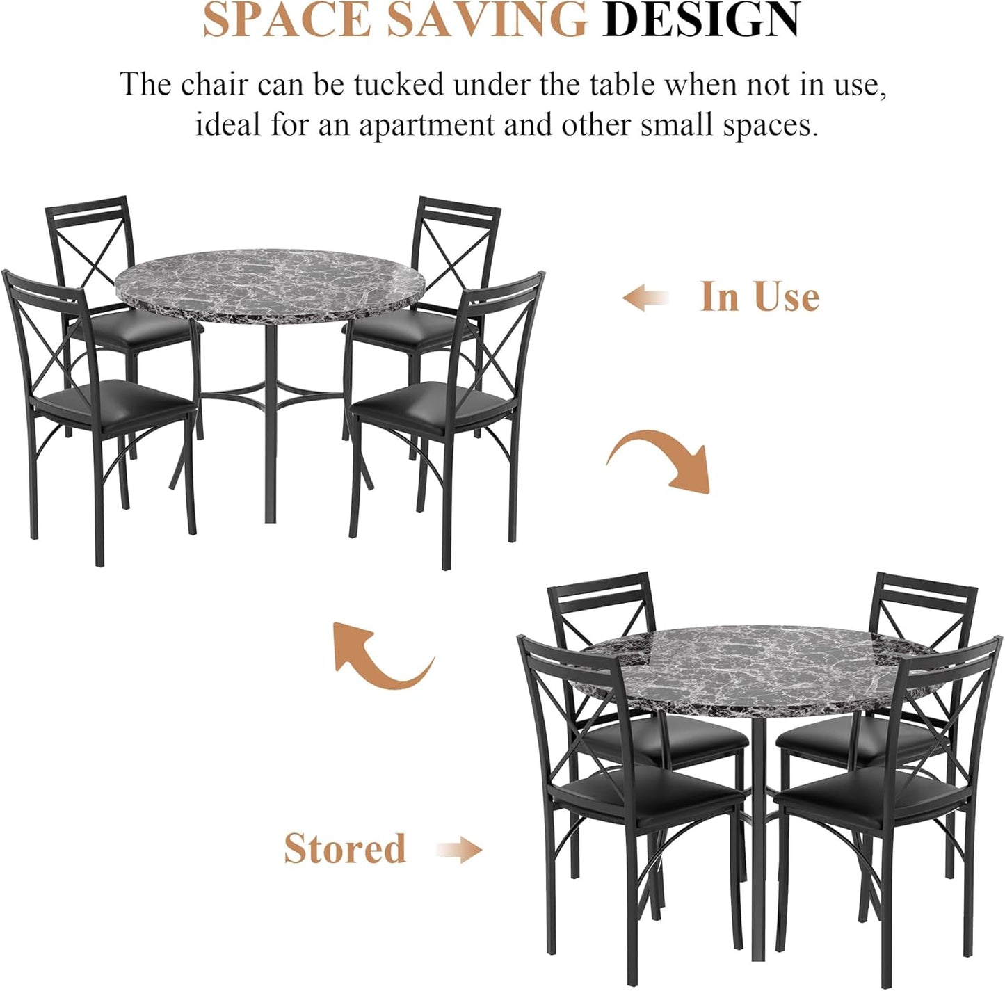 VECELO 5 Piece Dining Table Set for 4, Faux Marble Dinette with Chairs for Kitchen, Breakfast Nook, Small Space, Dark Black