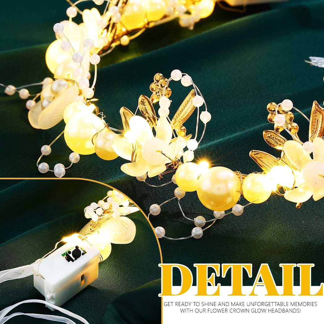 Zehope Light Up Flower Headbands LED Princess Pearl Floral Wreath Headpiece Bridal Wedding Garlands Hair Accessories for Women (White, Standard)