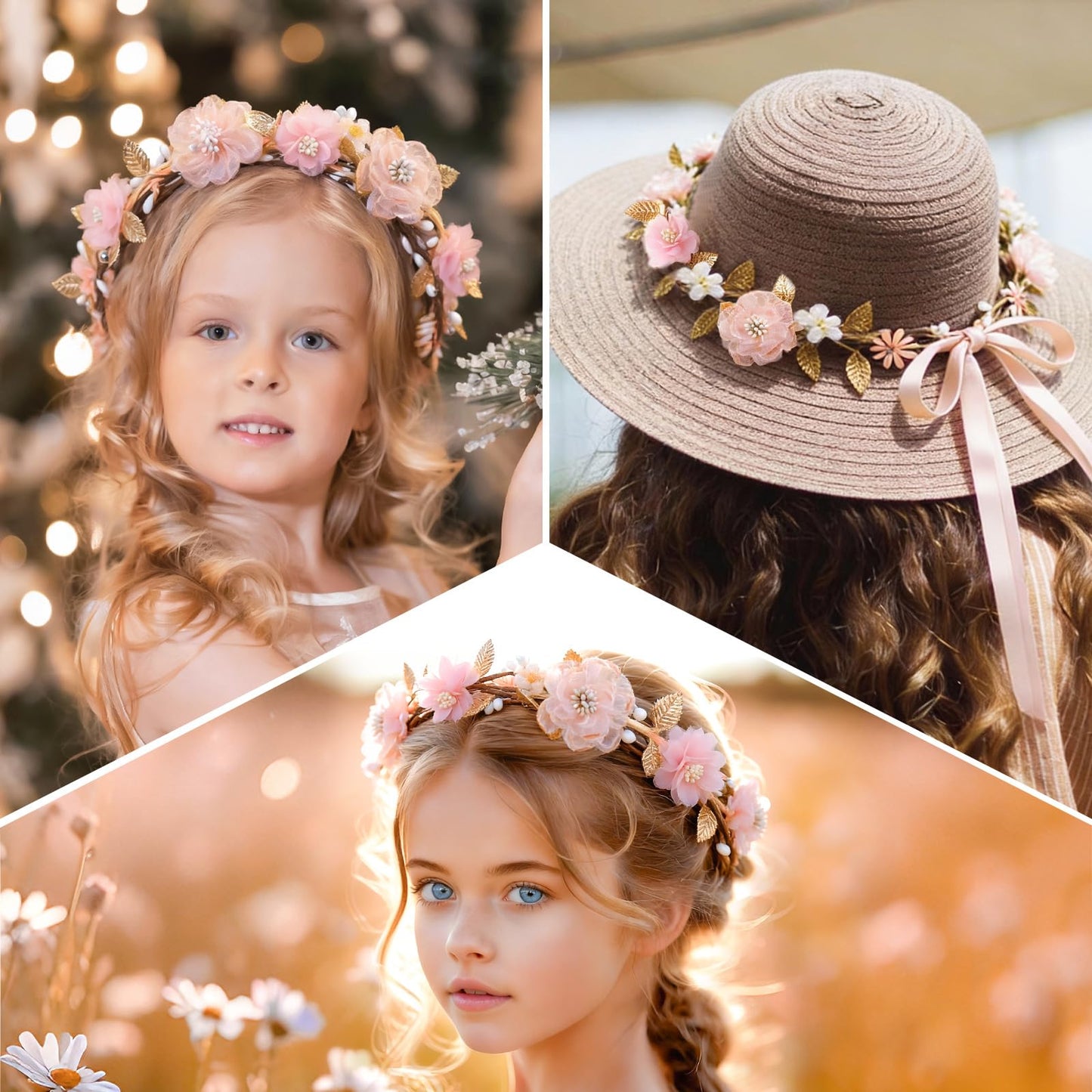 ZWLIYCHN Hot Pink Flower Crown Headband Adjustable Fairy Flower Crown with Golden Leaf Bohemia Floral Halo Headpiece Flower Garland Headband for Boho Wedding Flower Girl Maternity Photo Props
