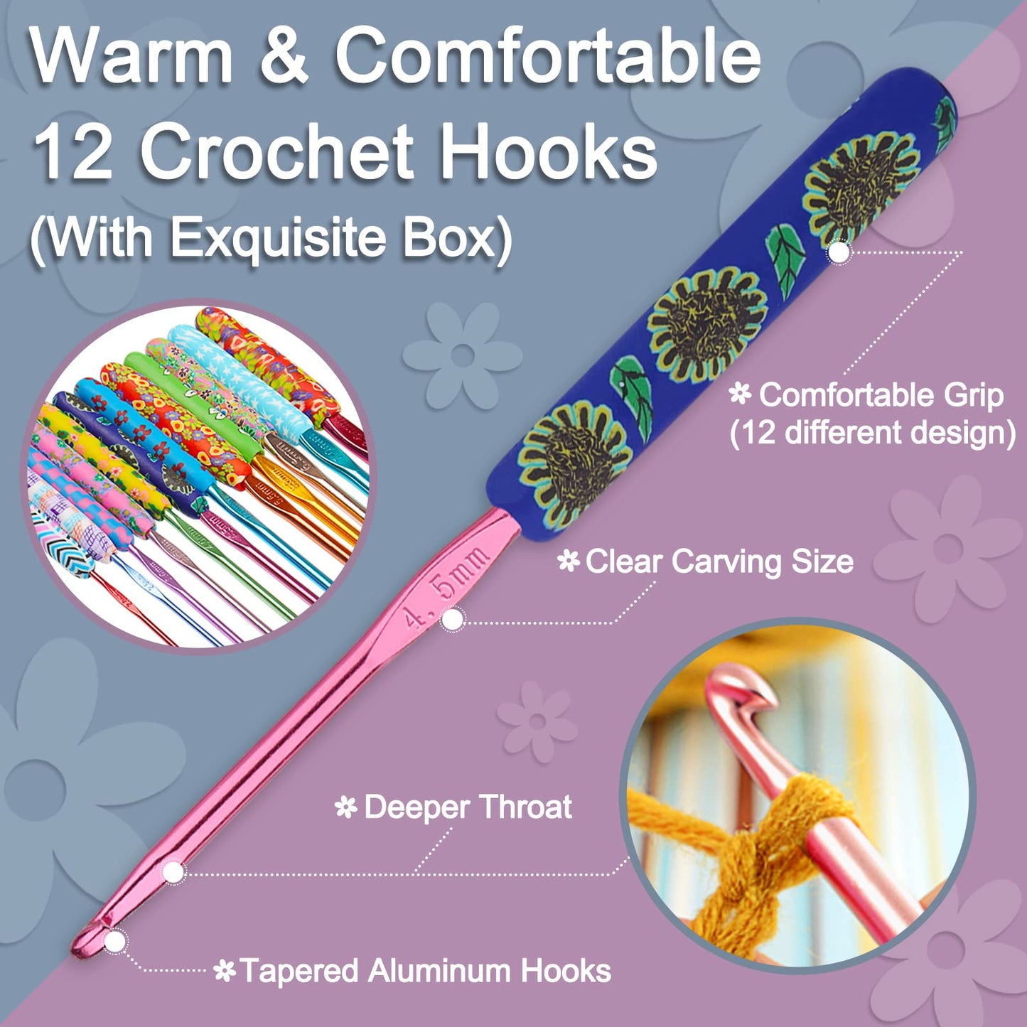 Coopay Warm Crochet Hooks Plus for Crochet Gifts, 12PCS 2mm-8mm(B-L) Crochet Kit Crochet Hook Set Ergonomic Grip Crochet Needles for Crocheting Art Yarn Craft,Precious Knitting & Crochet Supplies