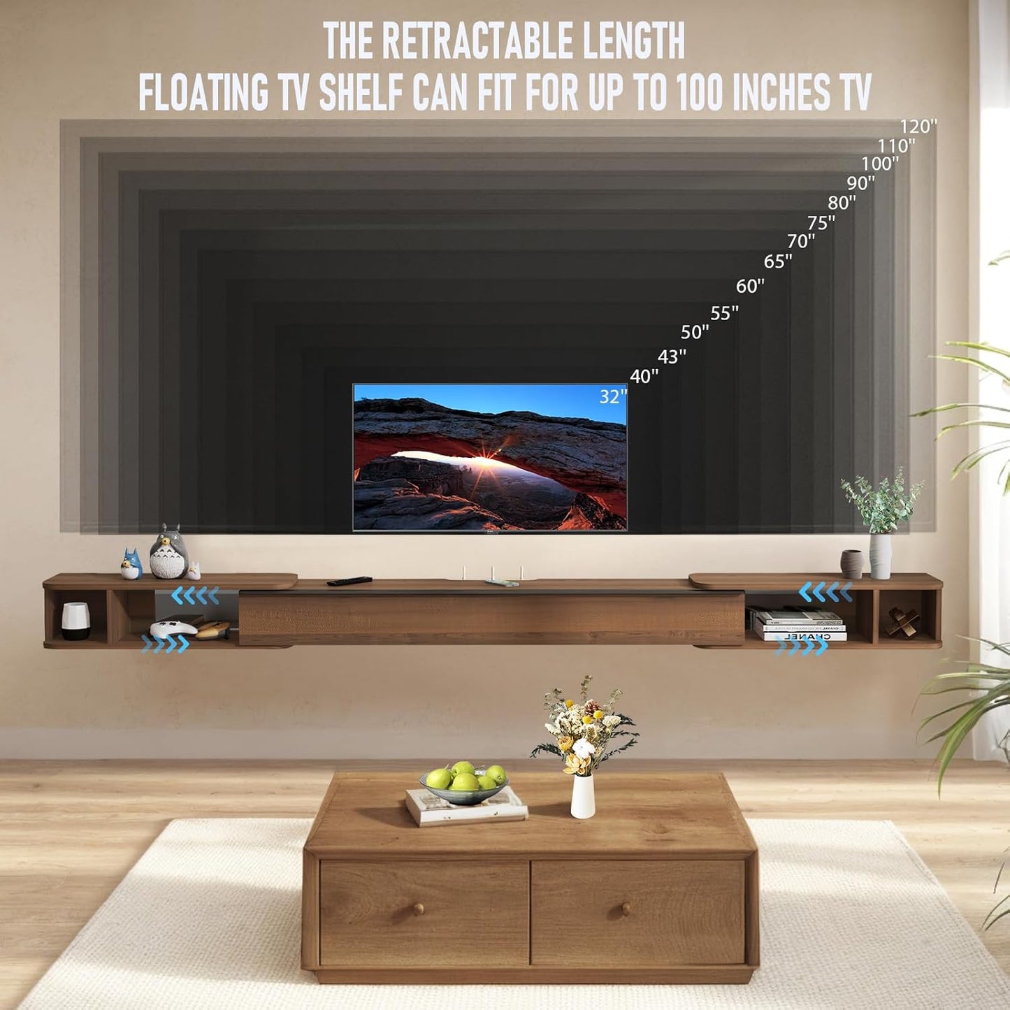 Pmnianhua Retractable Length Floating TV Stand,Minimalist Floating TV Shelf,Wall Mounted TV Console,Adjustable 87'' to 122'' Floating Entertainment Center with Storage for Bedroom Living Room(Walnut)