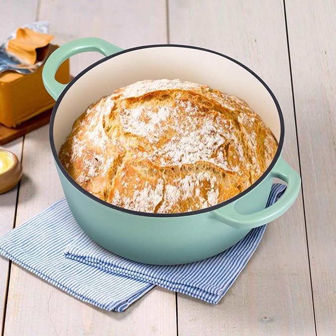 E-far 3 Qt Enameled Cast Iron Dutch Oven with Lid, Small Round Nonstick Dutch Oven Pot for Bread Baking Braising Stews Roasting Cooking, Heavy Duty, Induction & Oven Safe - Sage Green