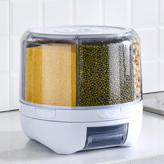 XIYAO 20Lbs large Grain dispenser 360°Rotating Rice Food Dispenser 6 Grids rice container rotatable Beans Containers Storage with Sealed lid for Peanut Barley Millet and Cereal