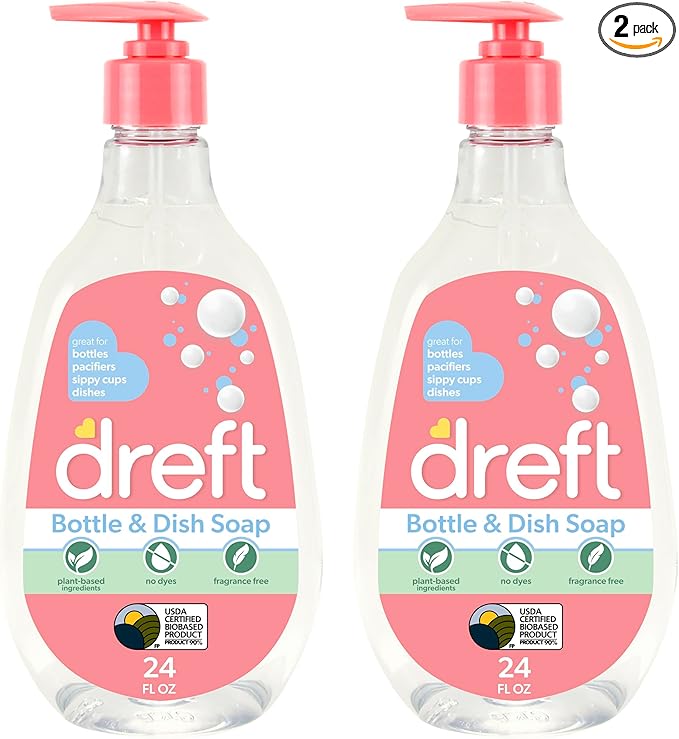 Dreft Baby, Bottle and Dish Soap, Removes Milk Film & Odor, Plant Based, Fragrance Free, Travel Size Bottles, 24 Fl Oz (Pack of 2)