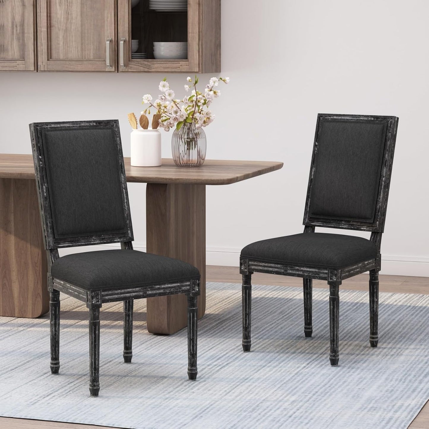 Merax Upholstered Solid Wood Dining Chairs Set of 2, French Country Style Accent Side Seating Furniture for Kitchen, Living Room, Cushioned Back, Black