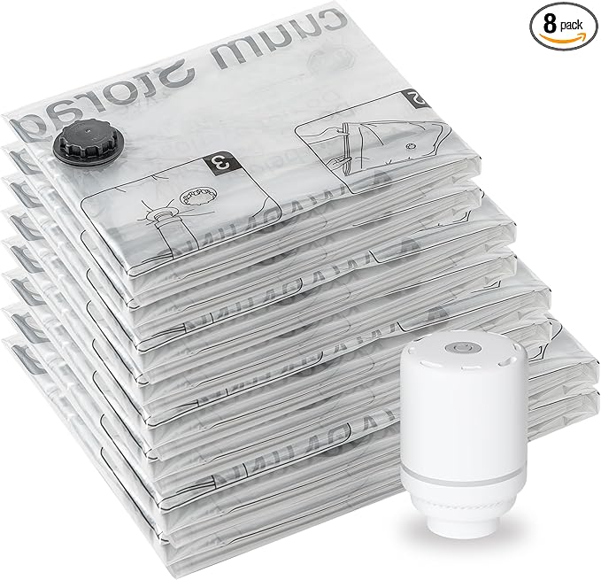 SUOCO 8 Combo Vacuum Storage Bags with Electric Pump, (2 Jumbo, 2 Large, 2 Medium, 2 Small) Travel Clothes Space Saver Bags, Compression Airtight Seal Bags for Clothing, Pillows, Comforters, Blankets
