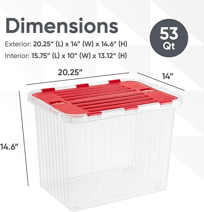 Superio Christmas Storage Box with Red Hinged Lids, Plastic Container Bins for Organizing with Attached Lid, Stackable Crates, BPA Free, Organizers for Home and Office, 53Quart (20.25"x14"x14.6")