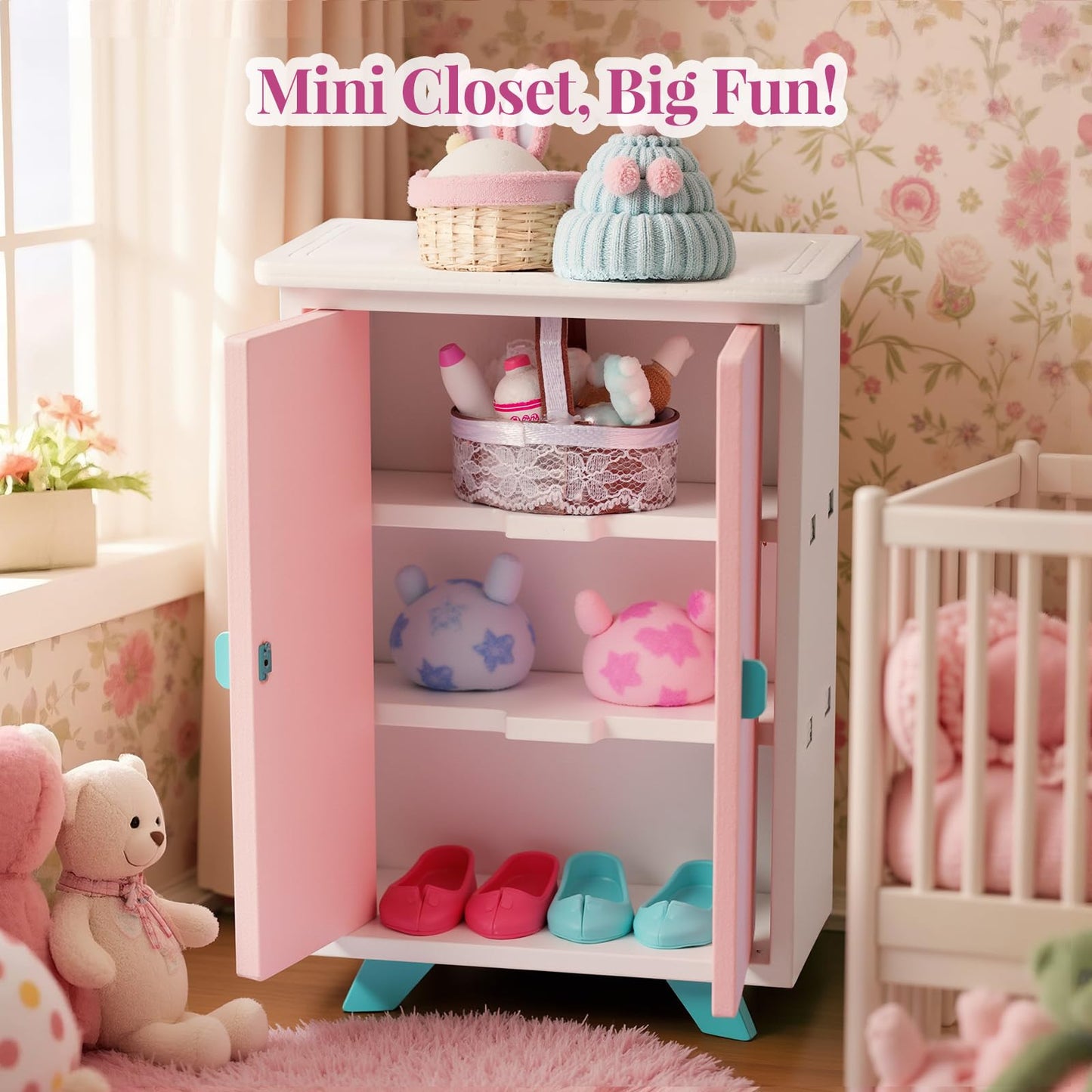BABESIDE Mini Dollhouse Bedroom Furniture Set,7 PCS Pink Wooden Doll House Accessories for 3 Inch Dolls with Bed, Nightstands, Wardrobe, Pillows & Mattress – Gift for Girls, Kids Miniature Room Toy