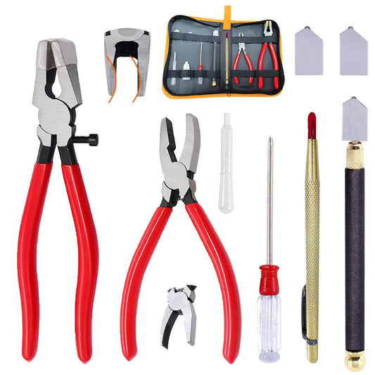 OFCOX Glass Cutting Tool Set Kit, Glass Nipper,Glass Running Plier, Breaking Plier, Oil Feed Glass Cutter Set with Leather Zipper Bag for Stained Glass, Tiles, Mosaic, Mirrors,Bottle, Fusing, Breaking