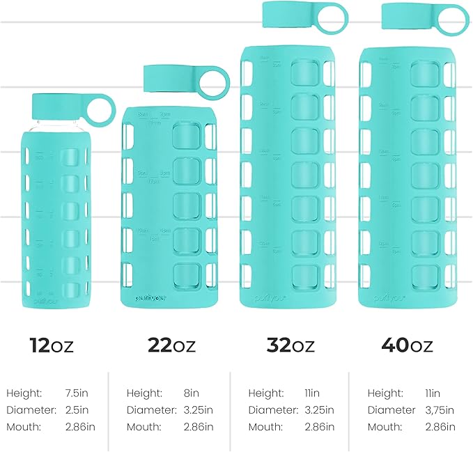 purifyou Reusable Produce Bags S9 (XL, L, S), 14.5" Stainless Straws S5 with Silicone Tips for Stanley Tumbler, Glass Water Bottles 12oz with Volume & Times, Silicone Sleeve in Aqua Blue.