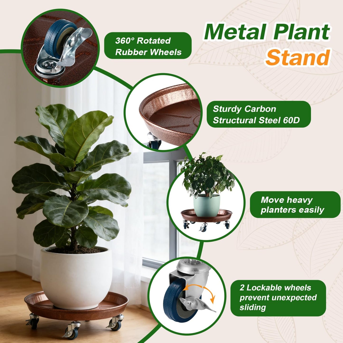 3 Packs Metal Plant Caddy with Wheels 13" Rolling Plant Stand Heavy Duty Plant Dolly with Casters for Indoor and Outdoor Large Planter Casters Potted Plant Mover,Copper