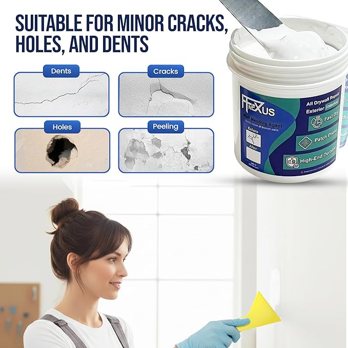 Drywall Repair Kit – 120g Tube + 240g Putty Jar with 2 × 2″ & 4 × 4″ Wall Patch Mesh, Dual Scrapers & 2 × P180 Sandpapers | Fast-Dry Spackle & Sheetrock Crack Filler for Wall, Ceiling, Plaster Repair