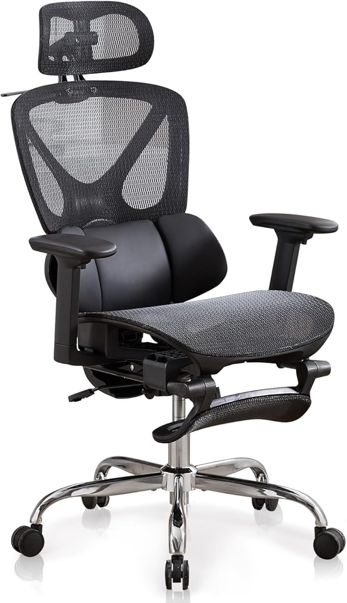 High Back Mesh Office Chair with Footrest，Ergonomic Office Chair w/ 3D Lumbar Support，Comfy Home Office Desk Chair for Work & Computer Gaming, 400LBS, Black