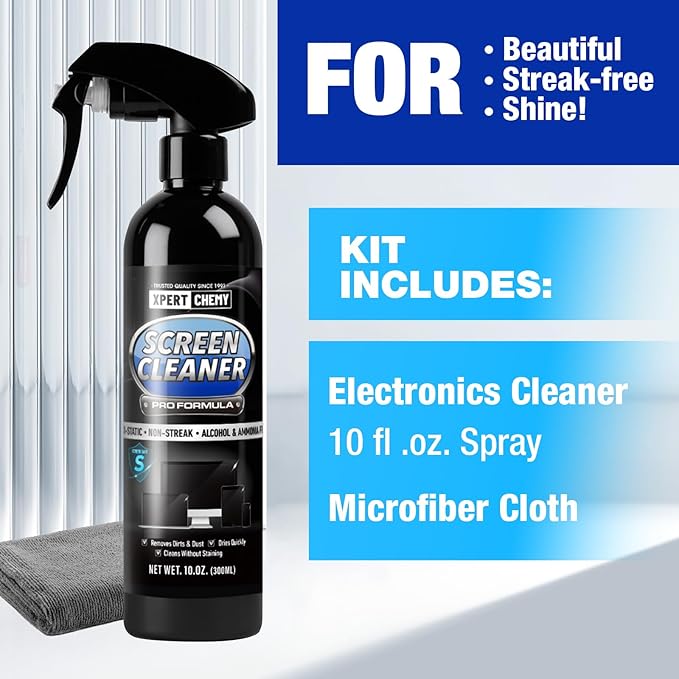 Screen Cleaner Spray and Wipe, 10oz TV Screen Cleaner Spray and Microfiber Cloth kit for Phones, iPads, Computer, MacBooks, Laptops, Monitor and Electronic Devices