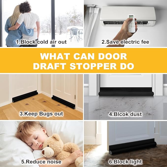 HomeProtect Door Draft Stopper 2 Pack Adjustable, Door Sweep for Bottom of Door, Weather Stripping Door Seal Interior & Exterior, Block Cold Air, Sound Light Dust, Easy to Install,30” Black