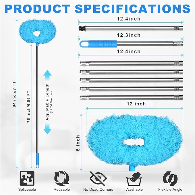 Storystore Ceiling Fan Cleaner Duster with Extension Pole, Adjustable from 13 to 84 Inches, Removable Fan Blade Cleaner (Blue-7FT)