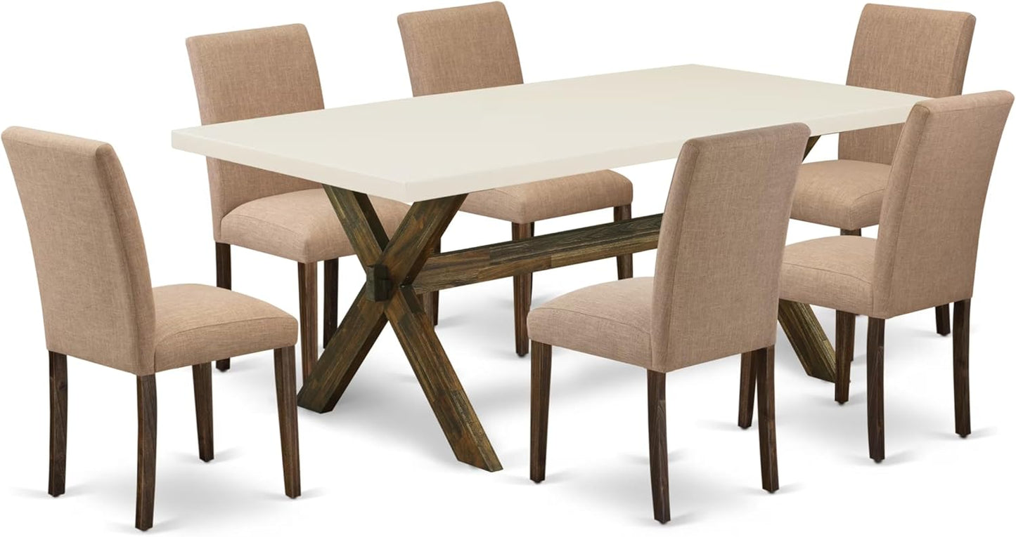 East West Furniture X727AB747-7 7 Piece Dining Room Furniture Set Consist of a Rectangle Dining Table with X-Legs and 6 Light Sable Linen Fabric Parson Chairs, 40x72 Inch, Multi-Color