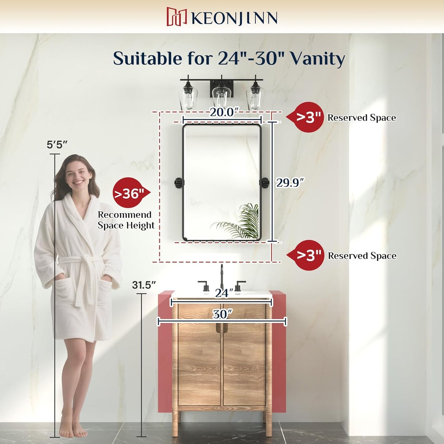 Keonjinn Brushed Nickel Pivot Mirror Bathroom, 20x30 in Tilt Mirror Bathrooms for Over Sink, Rounded Corner Modern Pivot Rectangle Mirrors, Metal Framed Beveled Bathroom Mirrors (Horizontal/Vertical)