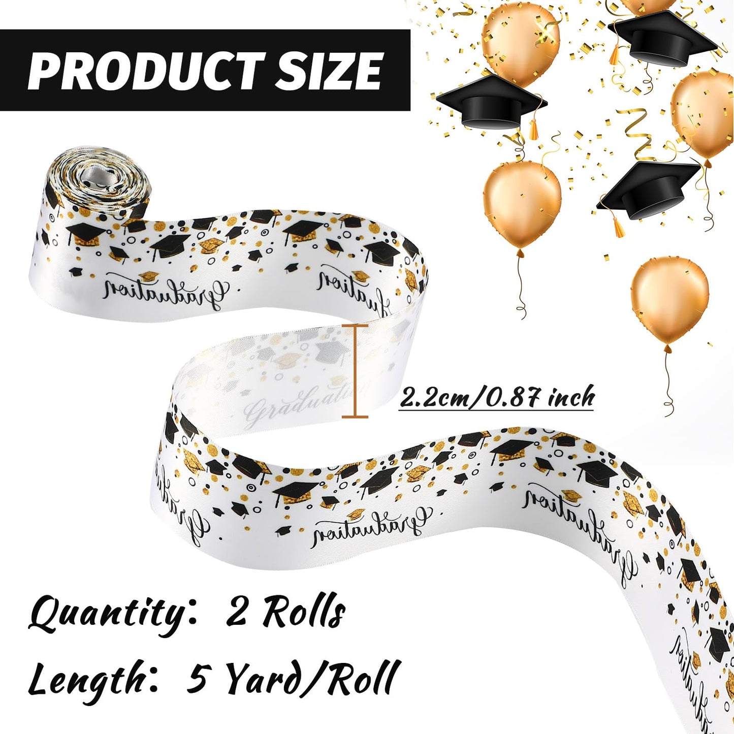 WILLBOND 2 Rolls Class of 2026 Graduation Craft Ribbons 7/8 Inch x 10 Yards Congrats Grad Black White Gold Satin Ribbon for Graduation Party Favors Ribbon for Wrapping Gifts Headband Bow