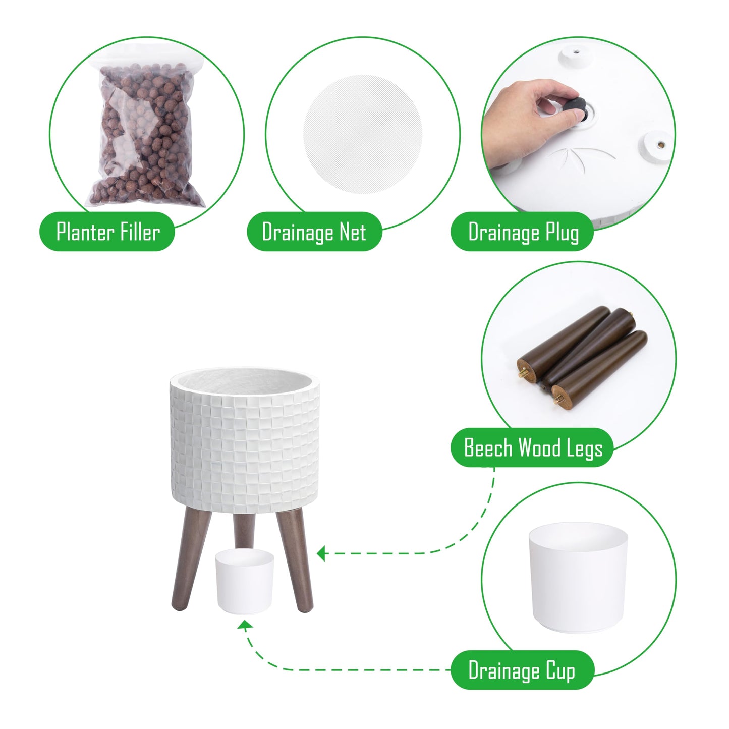 D'vine Dev 8 Inch Modern Geometric Tile Patterned Sleek Planter Pot with Stand, Indoor Outdoor Decorative Plant Holder, Matte White, 88-Z-A-1