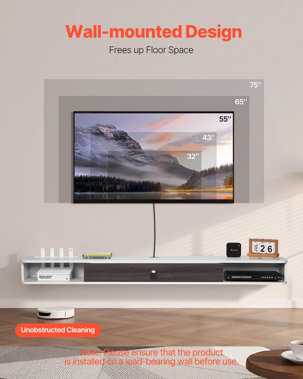 VEVOR Floating TV Stand, 70'' Wall Mounted TV Console Modern Floating Entertainment Center Under TV Shelf with Storage Cabinet, for Bedroom & Living Room, White
