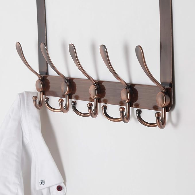 Dseap Over The Door Hook Hanger - 5 Tri Hooks, Heavy Duty Over The Door Towel Rack Coat Rack for Clothes Hat Towel,Red Antique Copper, 2 Packs