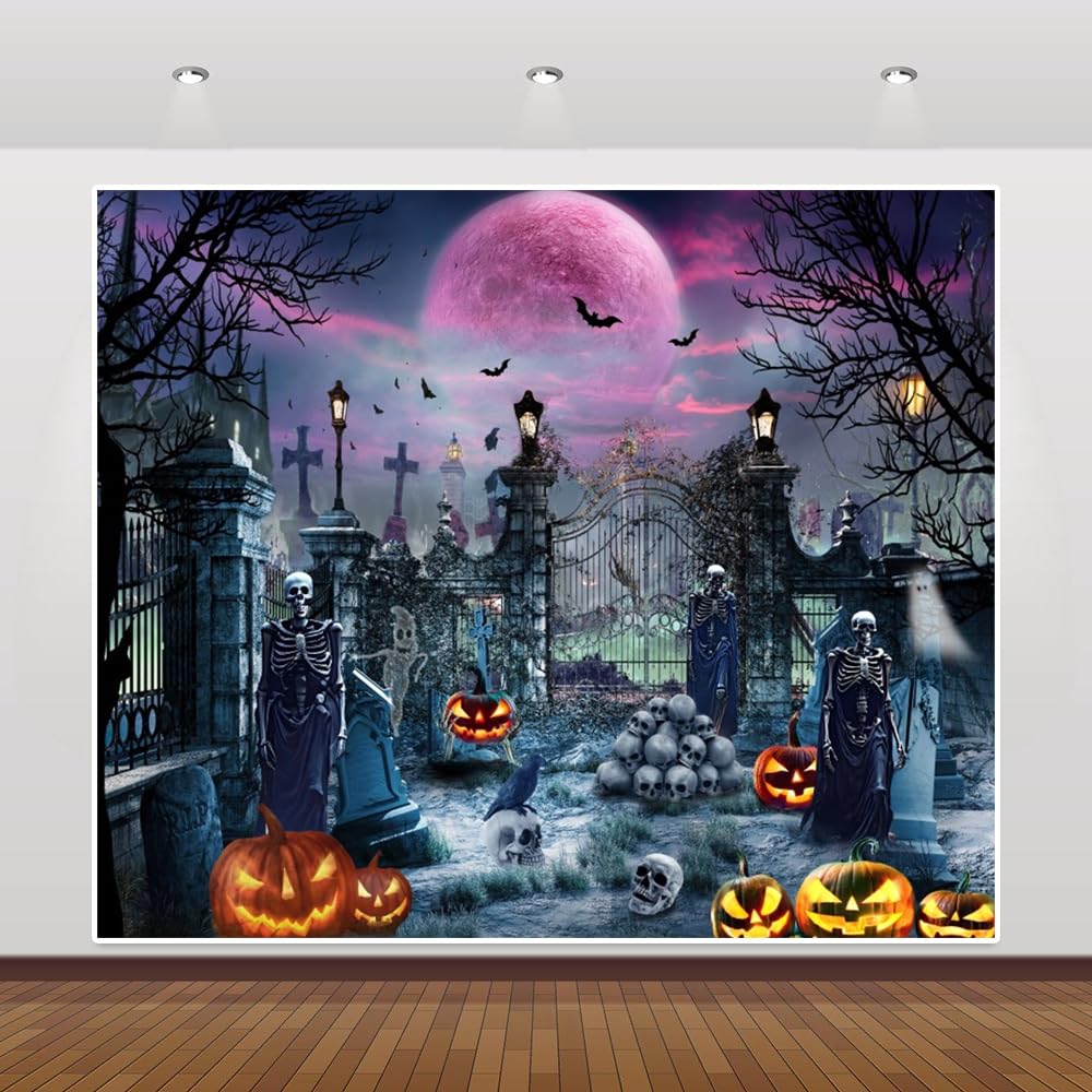 Halloween Backdrop Photography 10X8Ft Scary Cemetery Skull Moon Night Halloween Party Birthday Photo Backdrop Creepy Graveyard P