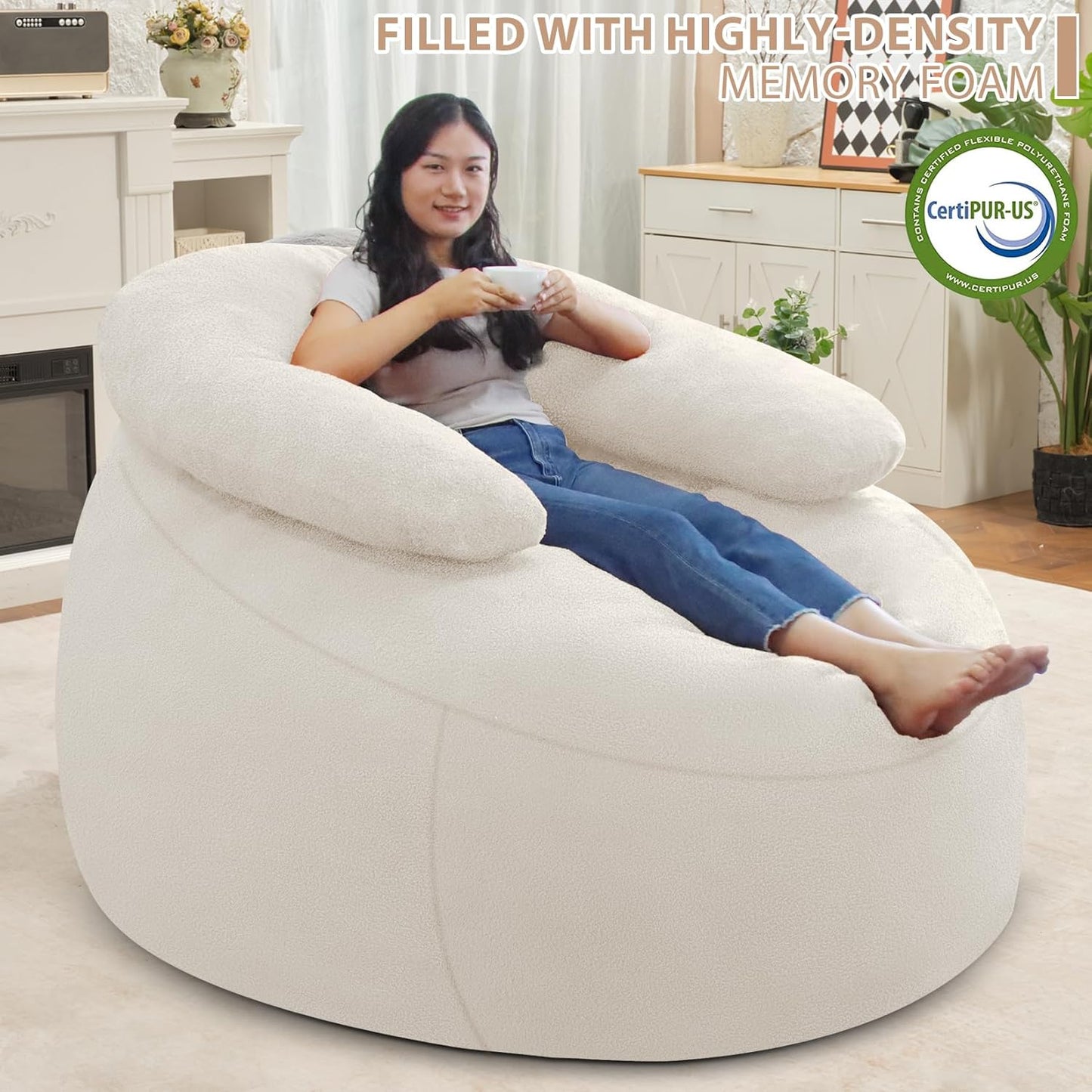 HABUTWAY Bean Bag Chair with U-Shaped Pillow for Adult and Kids Big BeanBag Chair with Filling Ultra Soft Teddy Fleece Couch Chair with Washable Cover for Living Room Bedroom Office, Beige & Beige