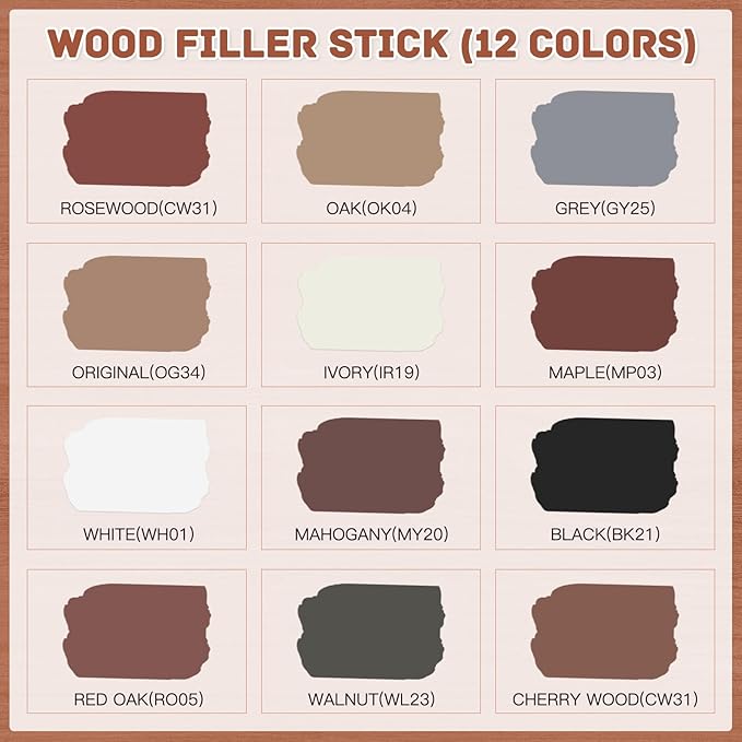 DEWEL Wood Filler Sticks, 12 Colors Wood Crayons for Scratches, Wood Floor Repair Wax Filler Sticks, Furniture Scratch Repair Crayons Kit for Tables, Holes, Scratches