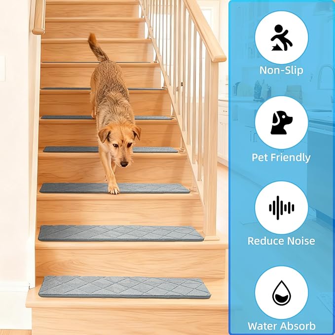 Art3d Stair Treads for Wooden Steps 15Pcs, 8" X 30" X 0.4“ Non Slip Stair Runner Rugs with Reusable Adhesive for Elders Kids and Dogs, Machine Washable Peel and Stick Stair Treads Carpet, Gray
